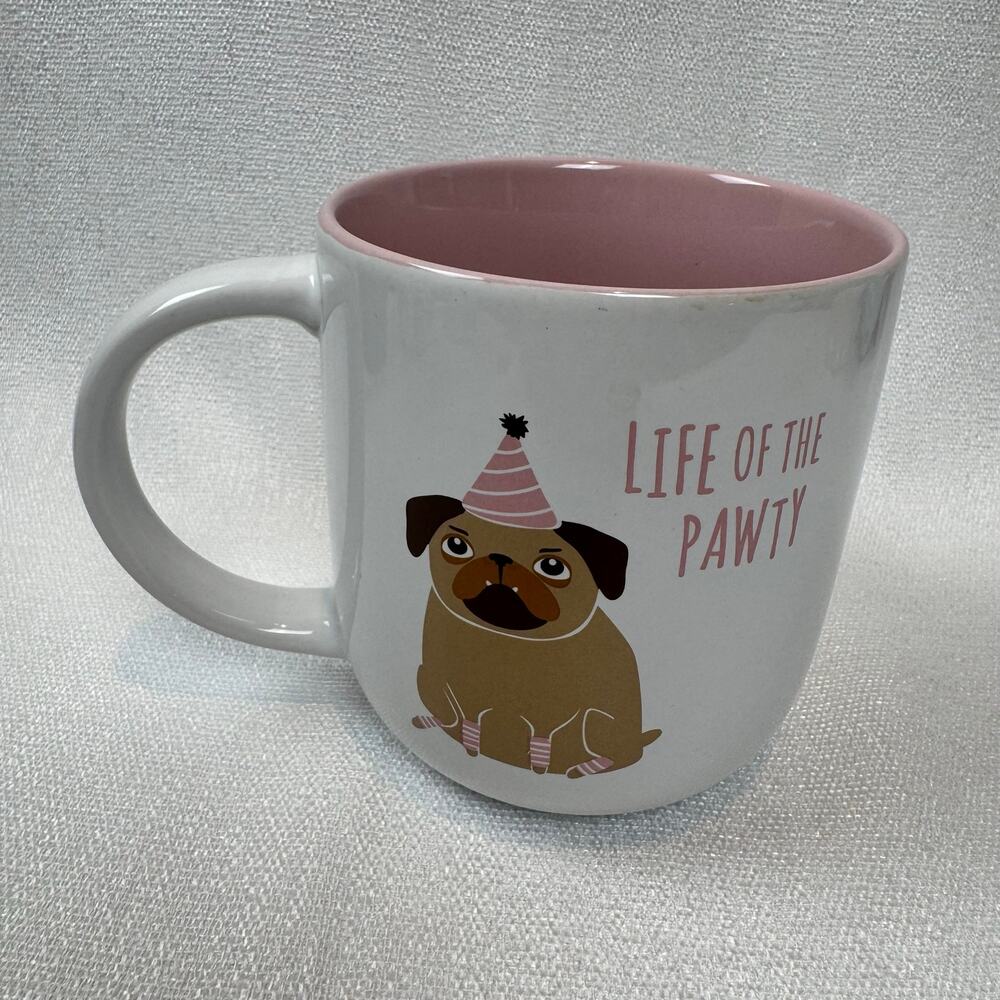 Funny Life Of The Pawty Bulldog with Birthday Hat White Pink Ceramic Mug